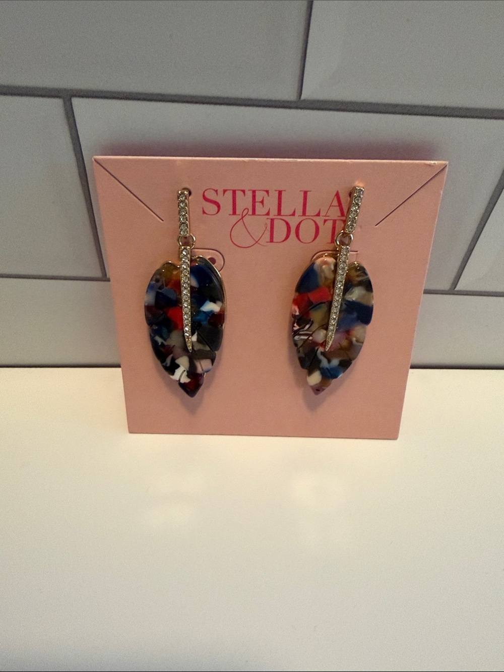 Stella & Dot Multicolor Leaf Resin Drop Earrings with Gold Crystal Bars